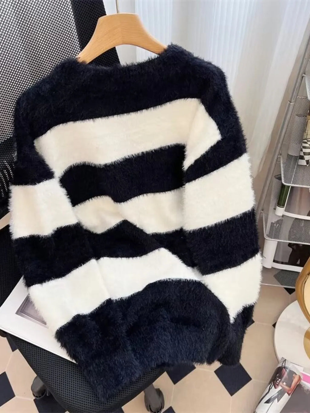 Men's Plus Size Striped Fuzzy Knit Pullover Sweater by Trendsi