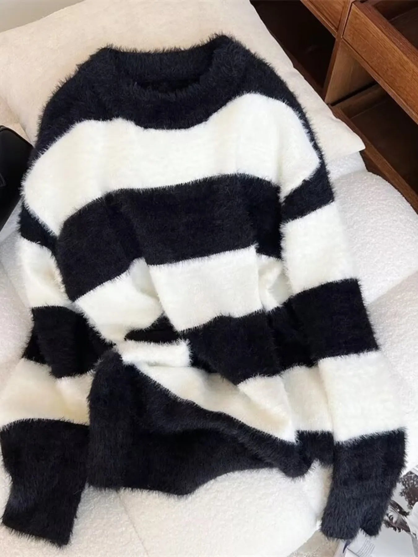Men's Plus Size Striped Fuzzy Knit Pullover Sweater by Trendsi