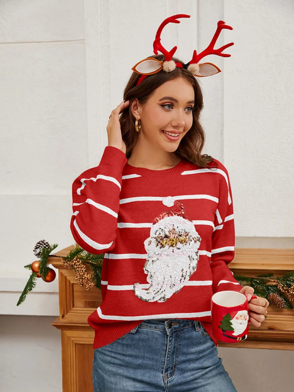 Sequin Santa Striped Round Neck Long Sleeve Sweater by Trendsi