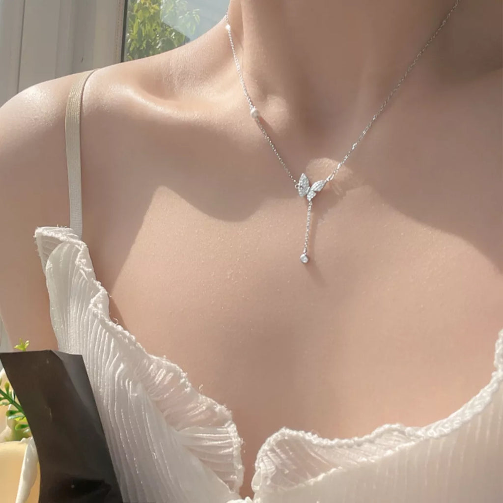 925 Sterling Silver Zircon Butterfly Necklace by Trendsi