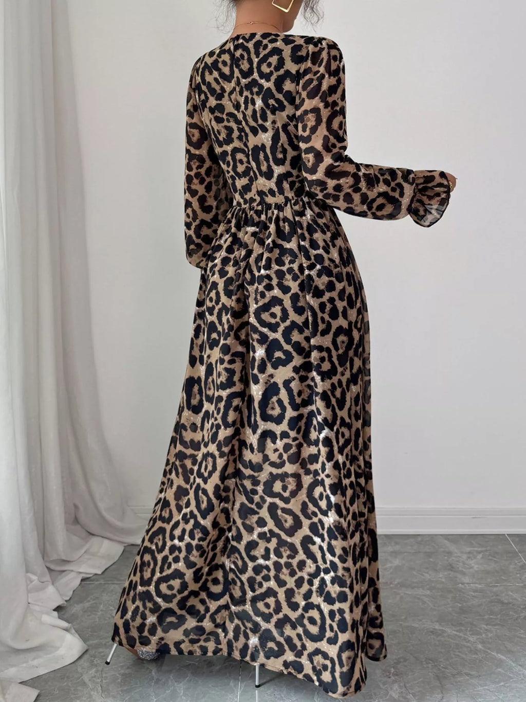 Leopard Sweetheart Neck Flounce Sleeve Maxi Dress by Trendsi