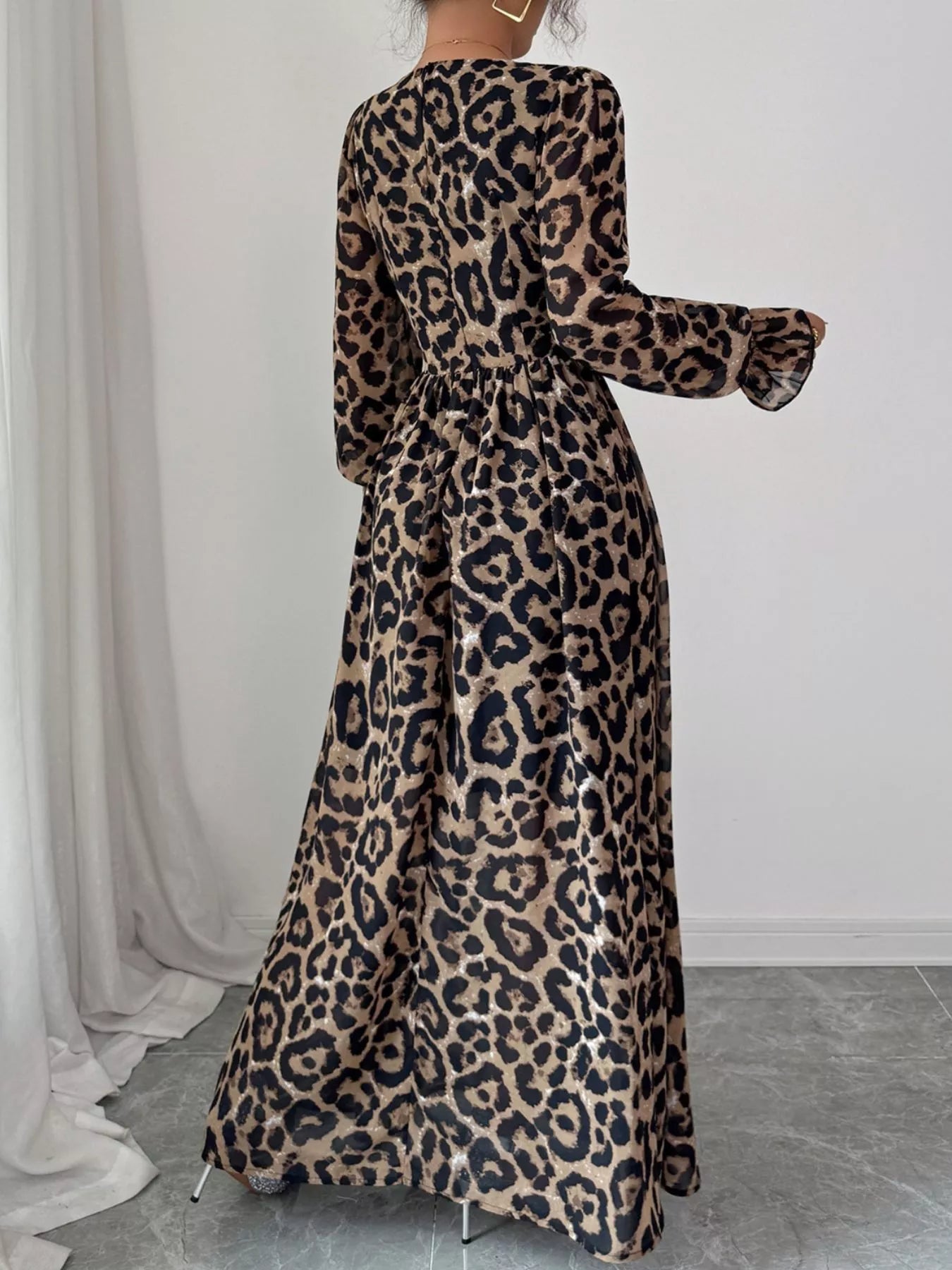 Leopard Sweetheart Neck Flounce Sleeve Maxi Dress by Trendsi