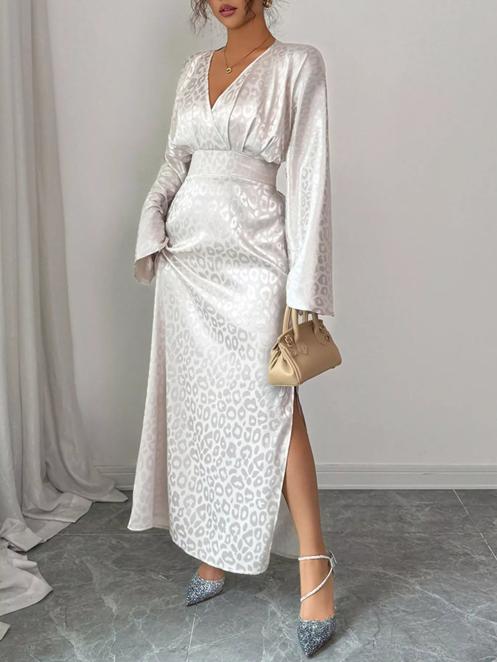 Leopard Surplice Long Sleeve Maxi Dress by Trendsi