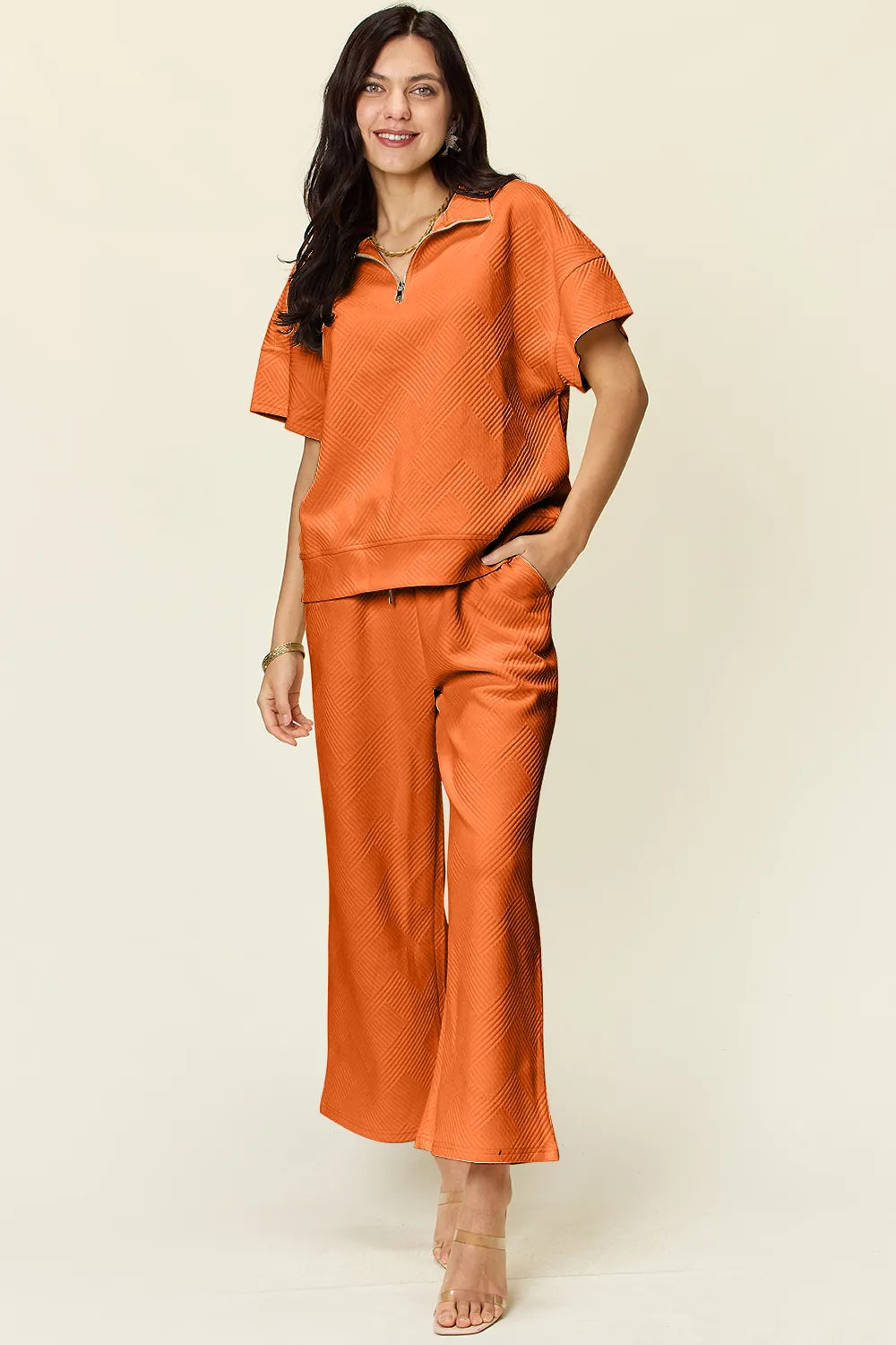Double Take Full Size Texture Half Zip Short Sleeve Top and Pants Set by Trendsi