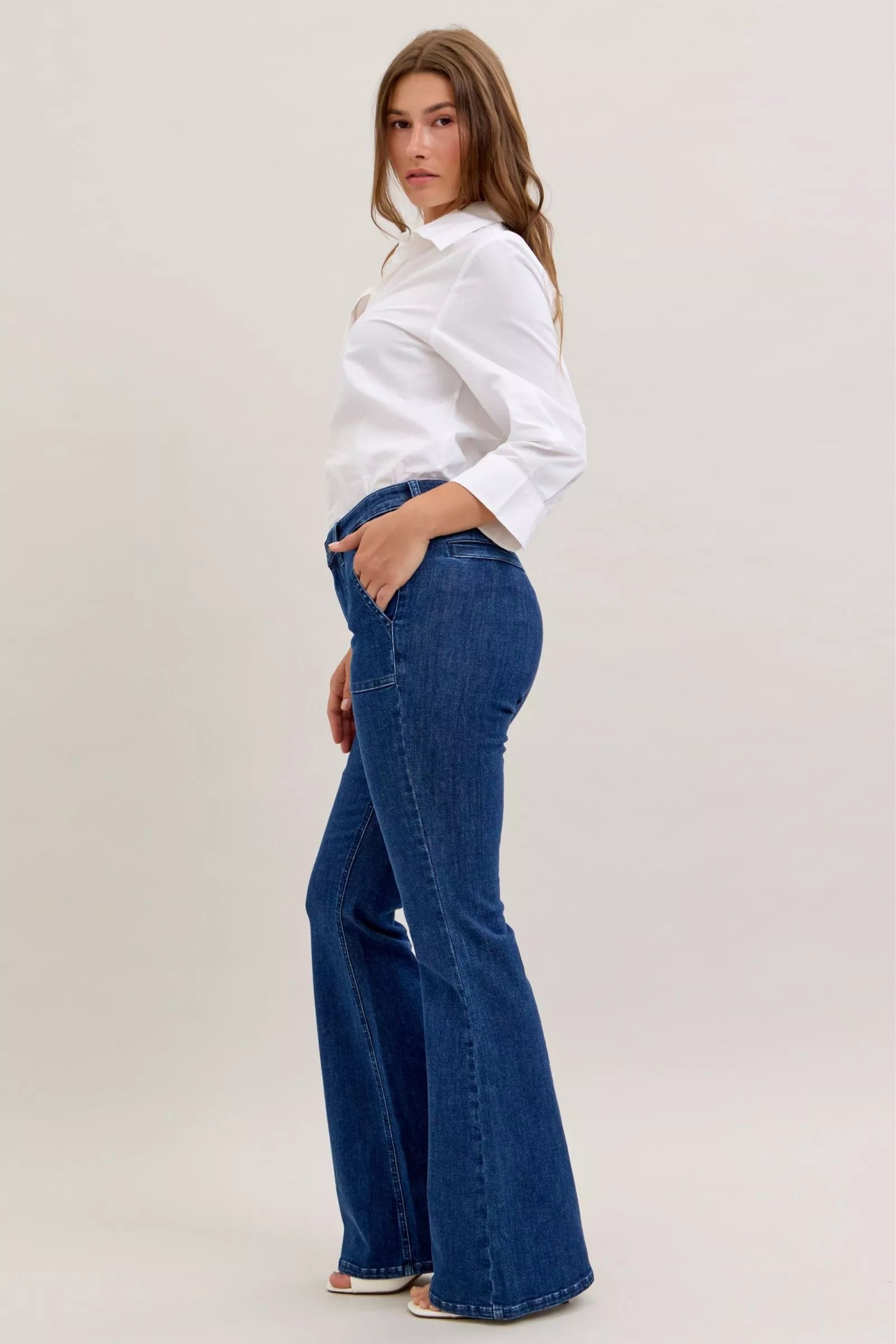 Judy Blue High Waist Flare Jeans with Front Patch Pockets by Trendsi