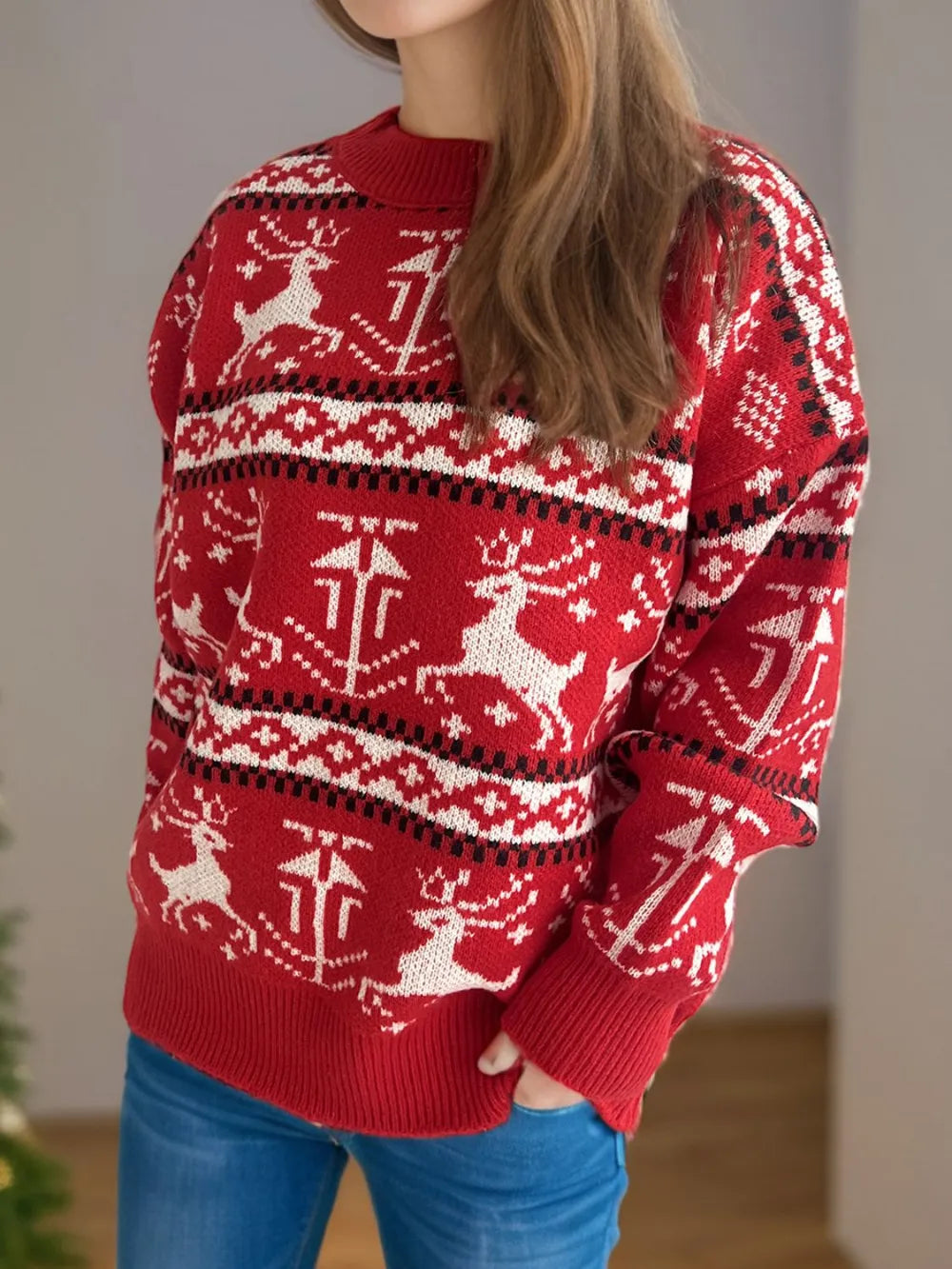 Christmas Element Round Neck Long Sleeve Sweater by Trendsi