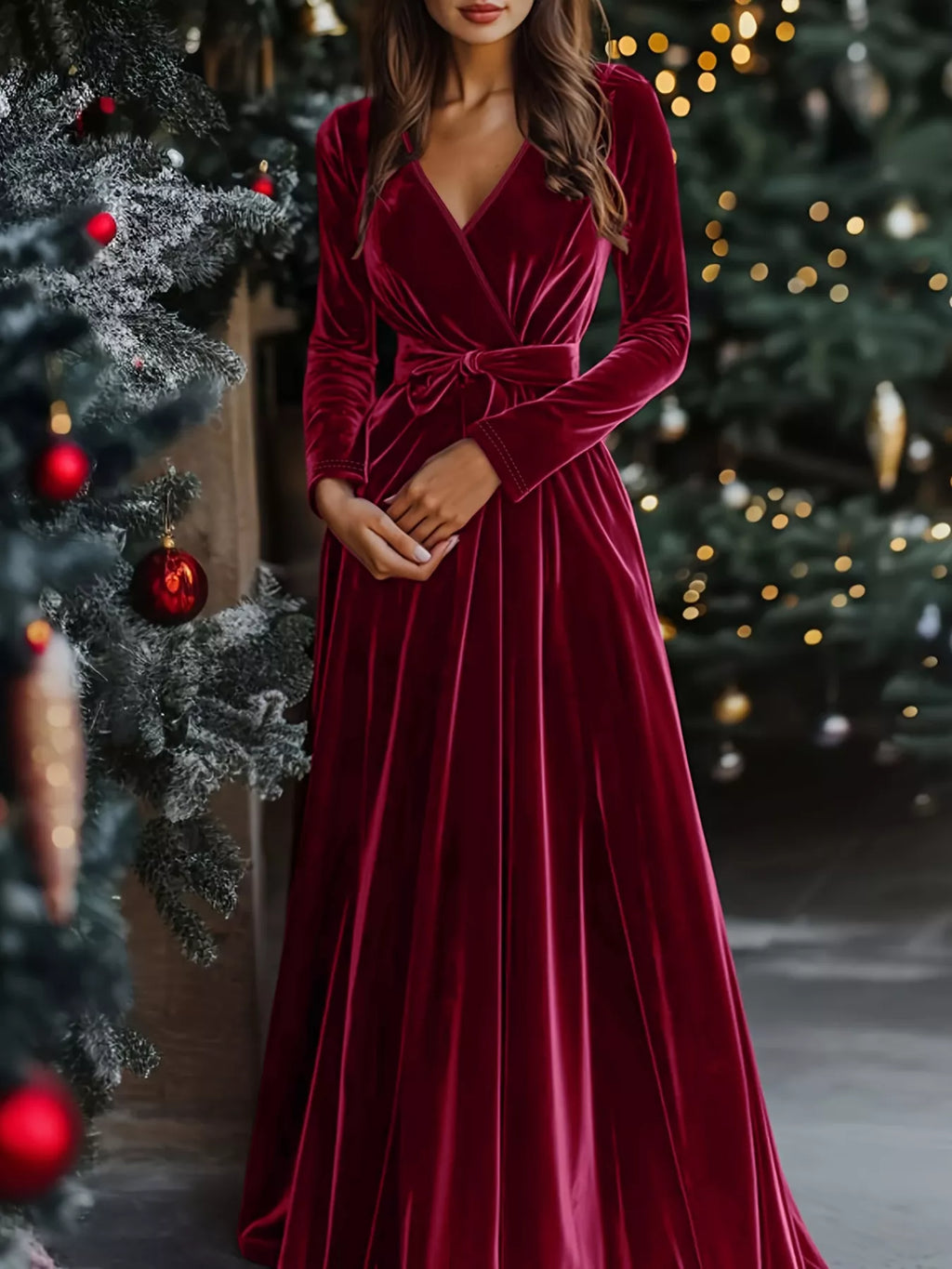 Velvet Wrap Surplice Maxi Dress by Trendsi