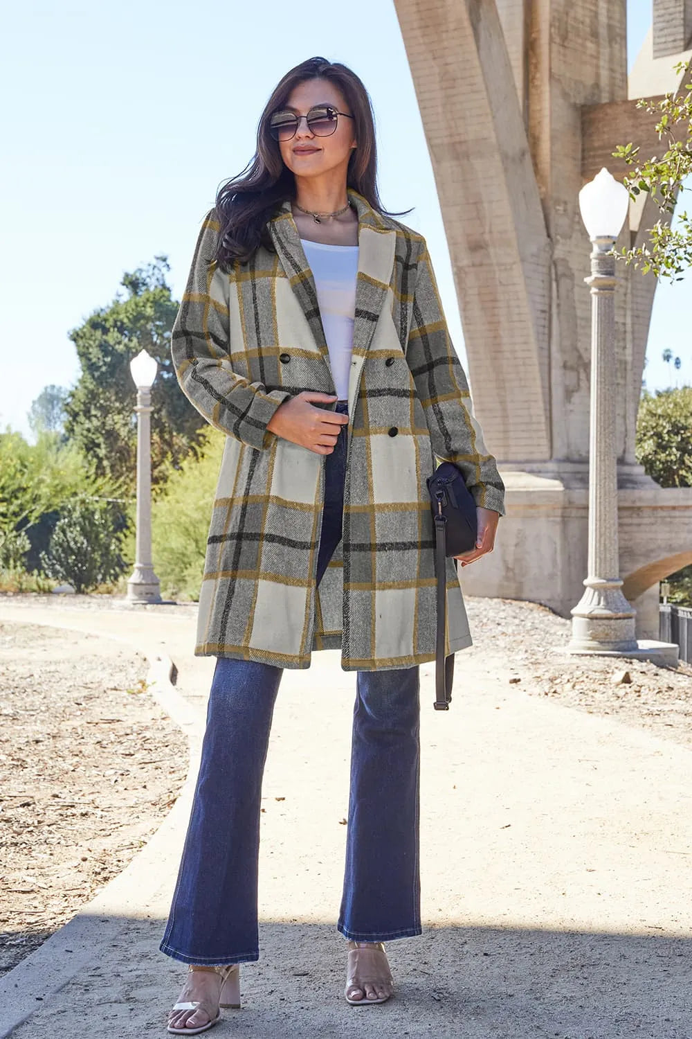 Double Take Full Size Plaid Button Up Lapel Collar Coat by Trendsi