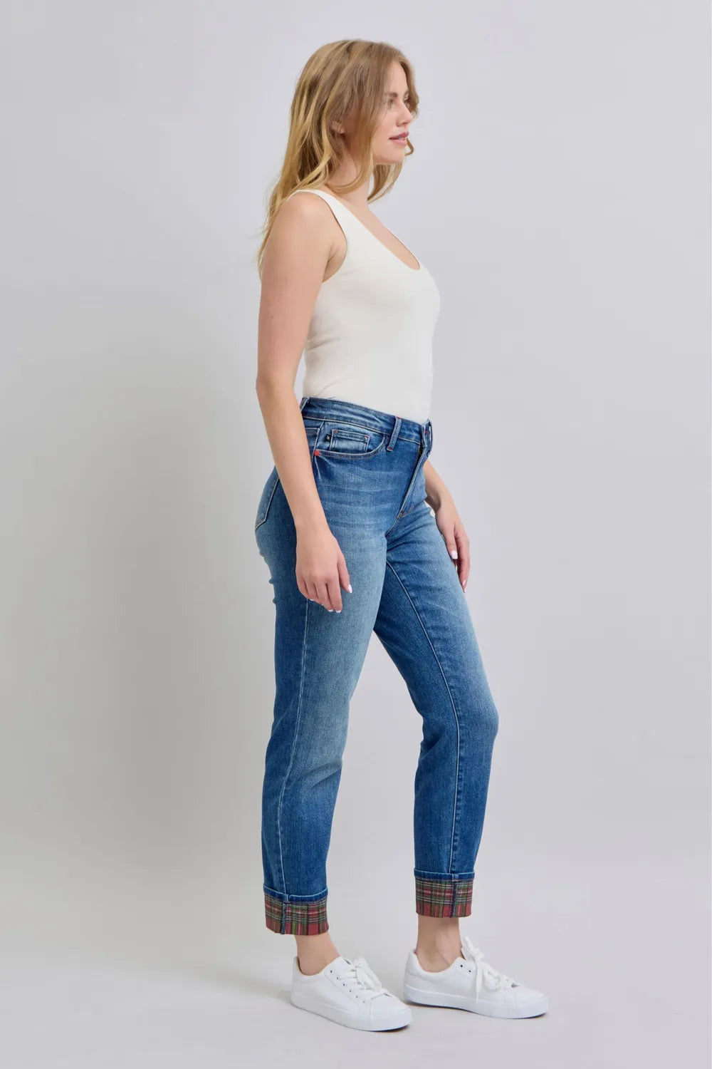 Judy Blue Full Size Plaid Print Cuff Straight Leg Jeans with Pockets by Trendsi