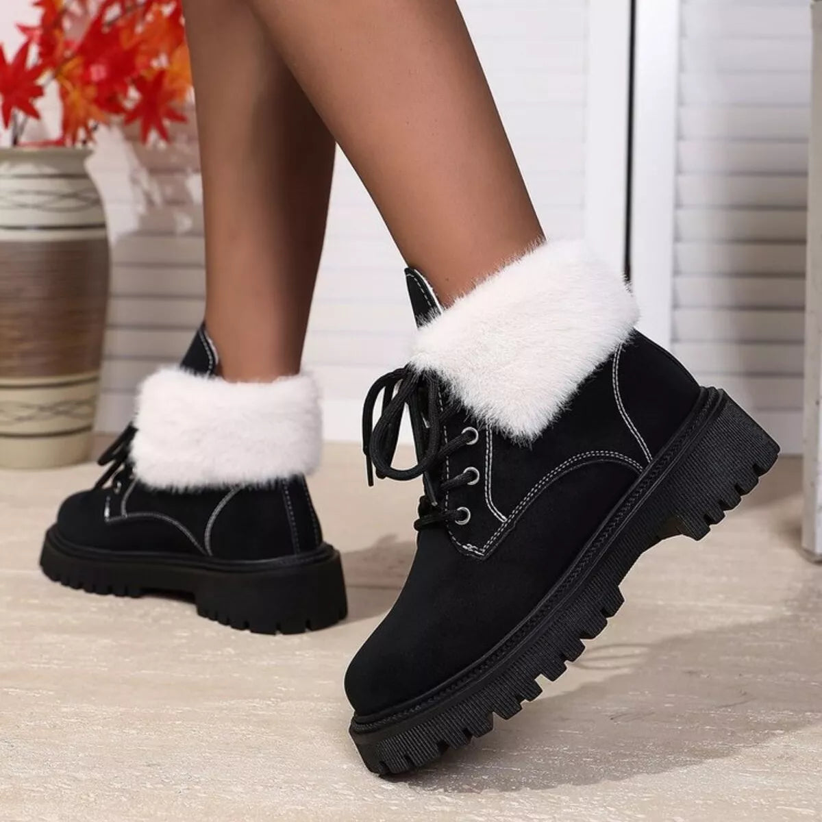 Lace Up Round Toe Block Heels Boots by Trendsi
