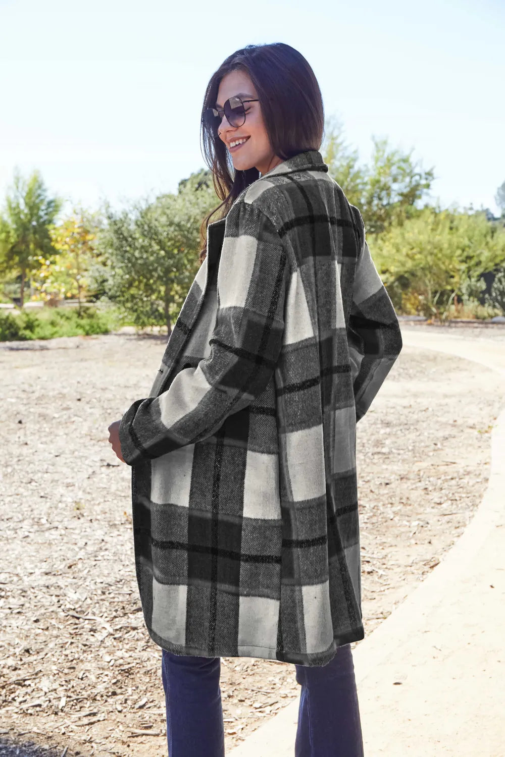 Double Take Full Size Plaid Button Up Lapel Collar Coat by Trendsi