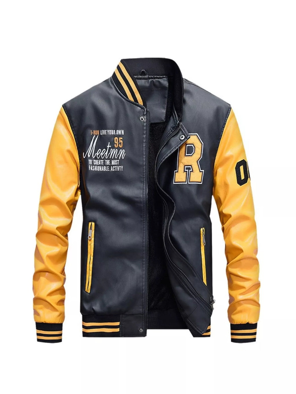 Men's Plus Size Color Block Zip Up Leather Jacket by Trendsi