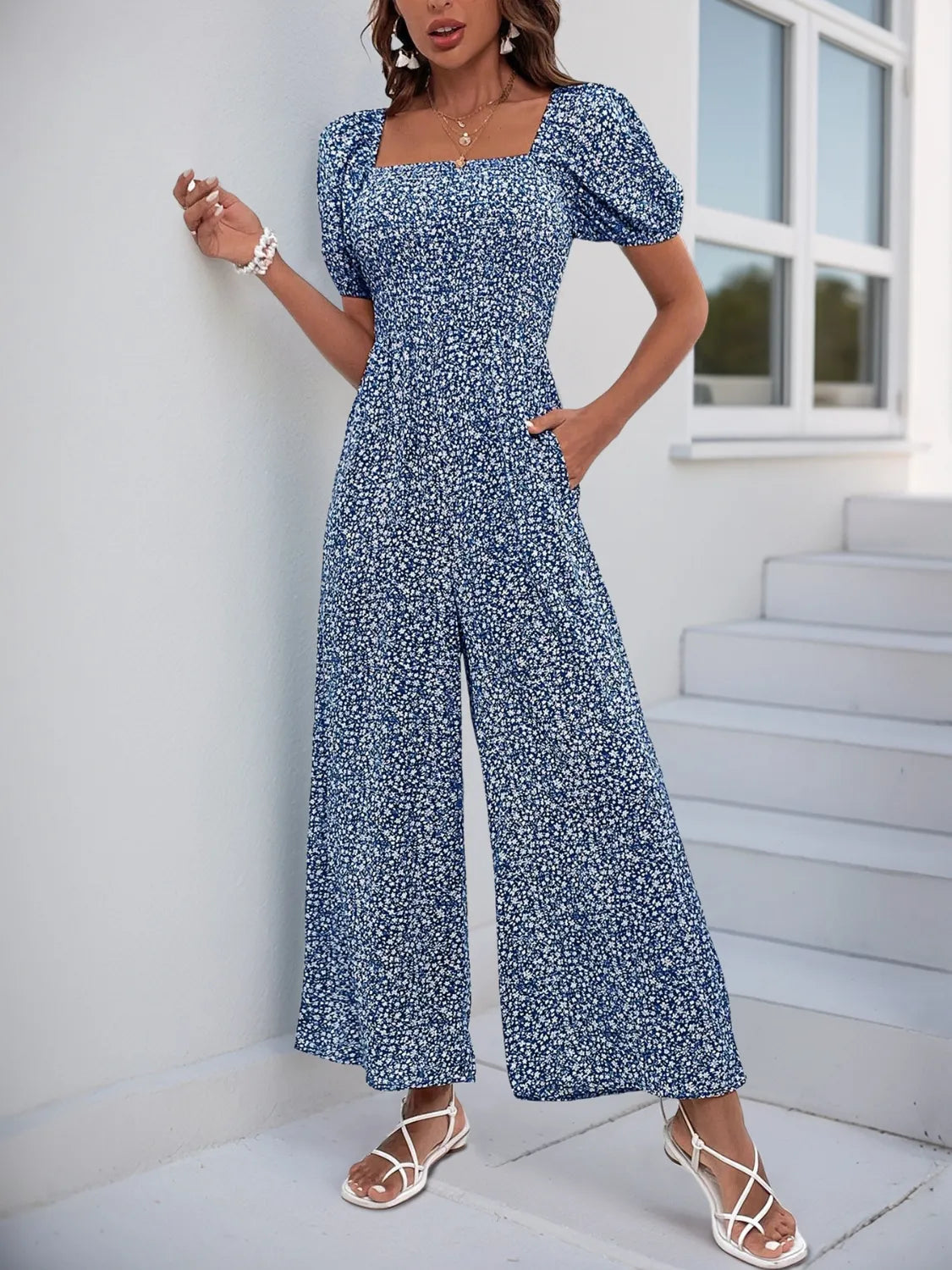 Printed Square Neck Puff Sleeve Jumpsuit by Trendsi