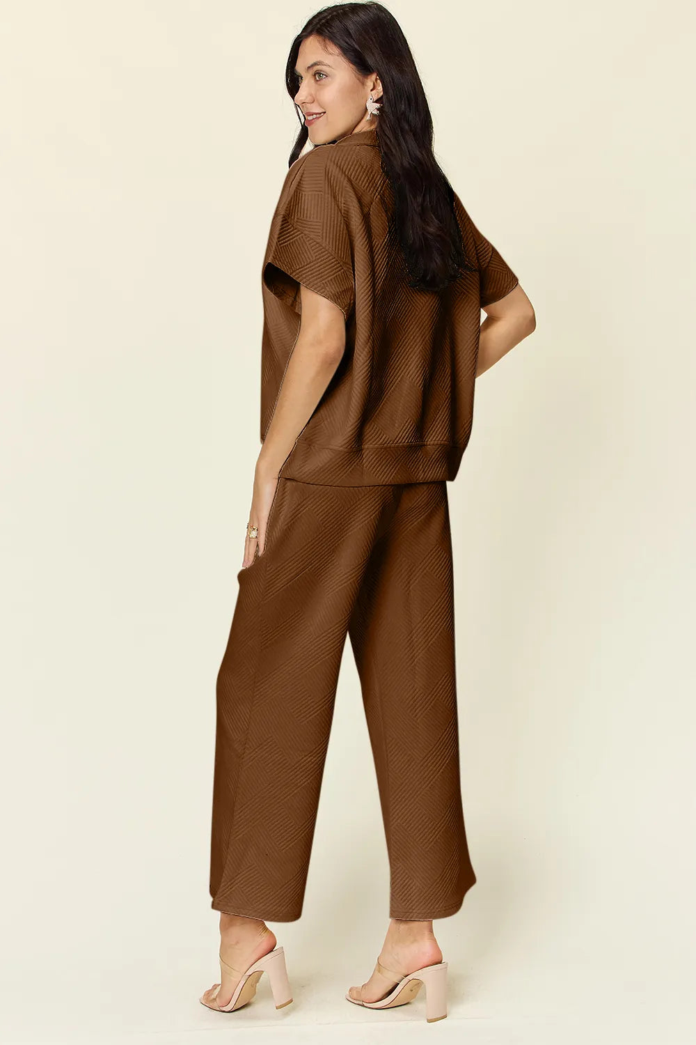 Double Take Full Size Texture Half Zip Short Sleeve Top and Pants Set by Trendsi