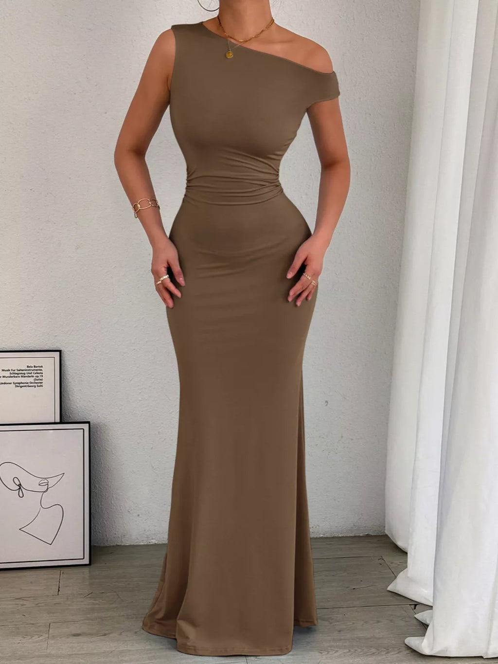 One-Shoulder Ruched Bodycon Maxi Dress by Trendsi
