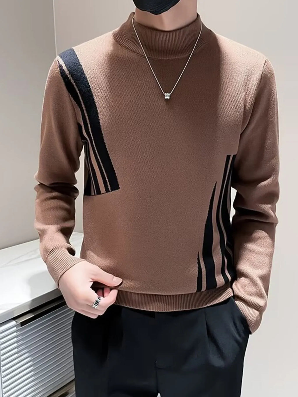 Men's Plus Size Striped Pattern Turtleneck Pullover by Trendsi