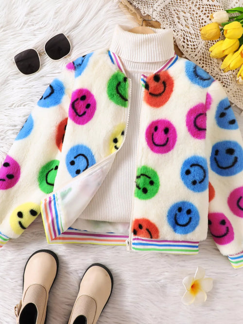 Children's Cheerful Smiley Face Print Plush Jacket by Trendsi
