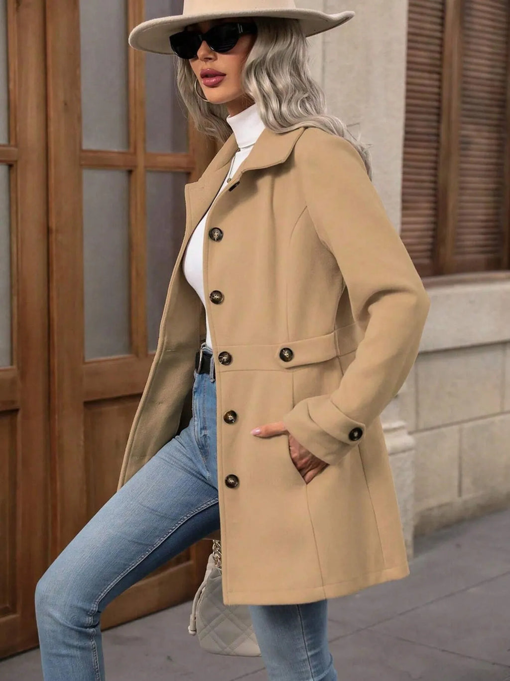 Button Up Long Sleeve Coat by Trendsi
