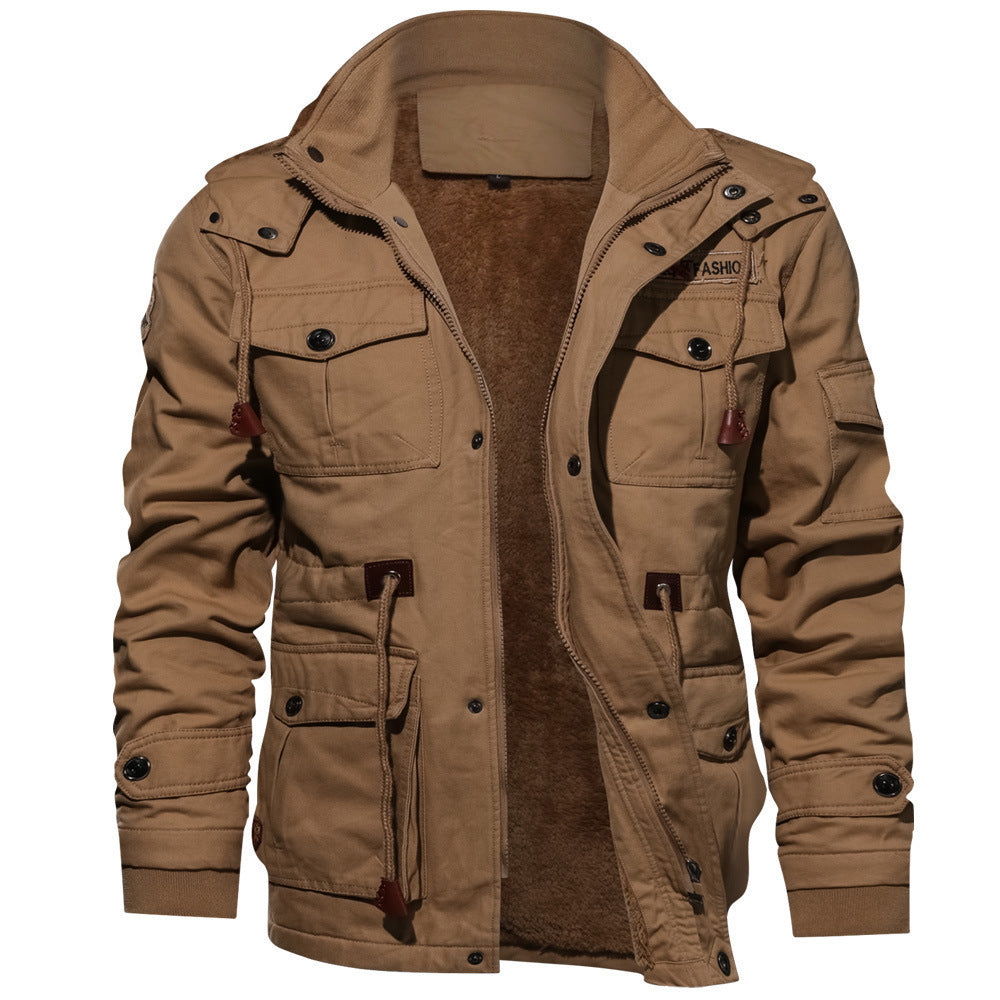 Winter Zip-up Coat Warm Thickened Detachable Hooded Jacket Multi-pocket Button Drawstring Long Sleeve Tops Men's Cargo Clothing by Estely