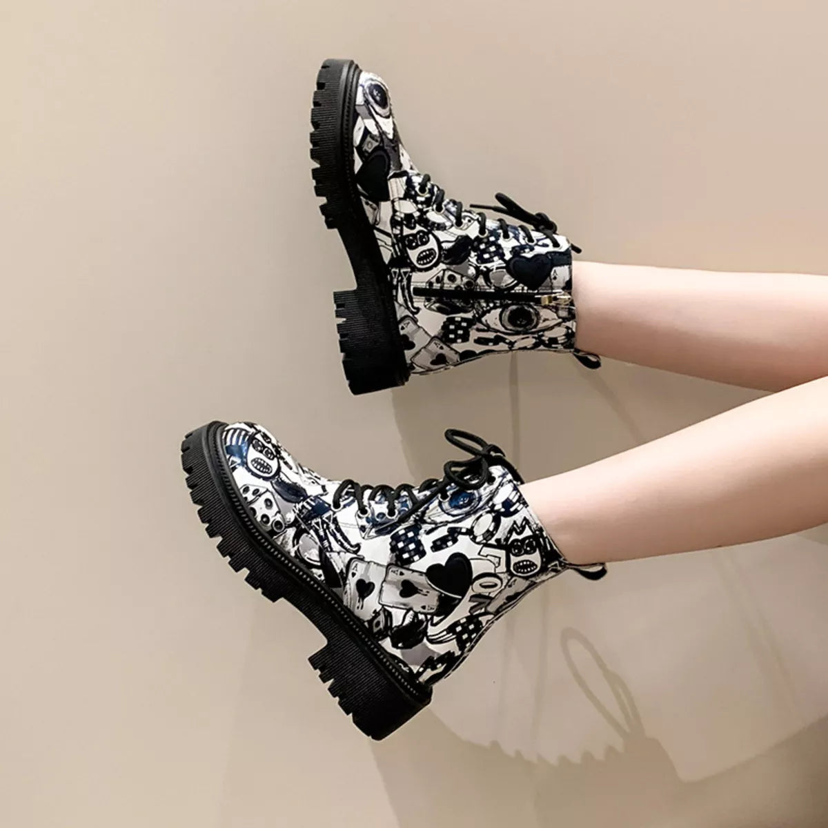 Graffiti Print Combat Boots with Colorful Street Art Design by Trendsi