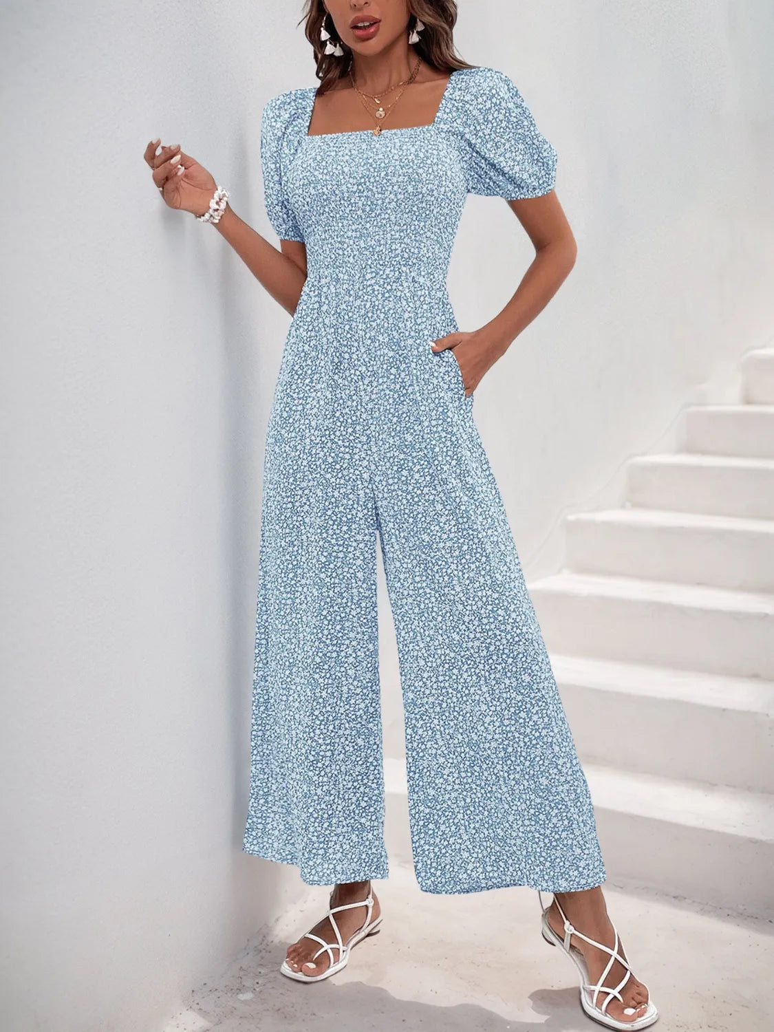 Printed Square Neck Puff Sleeve Jumpsuit by Trendsi