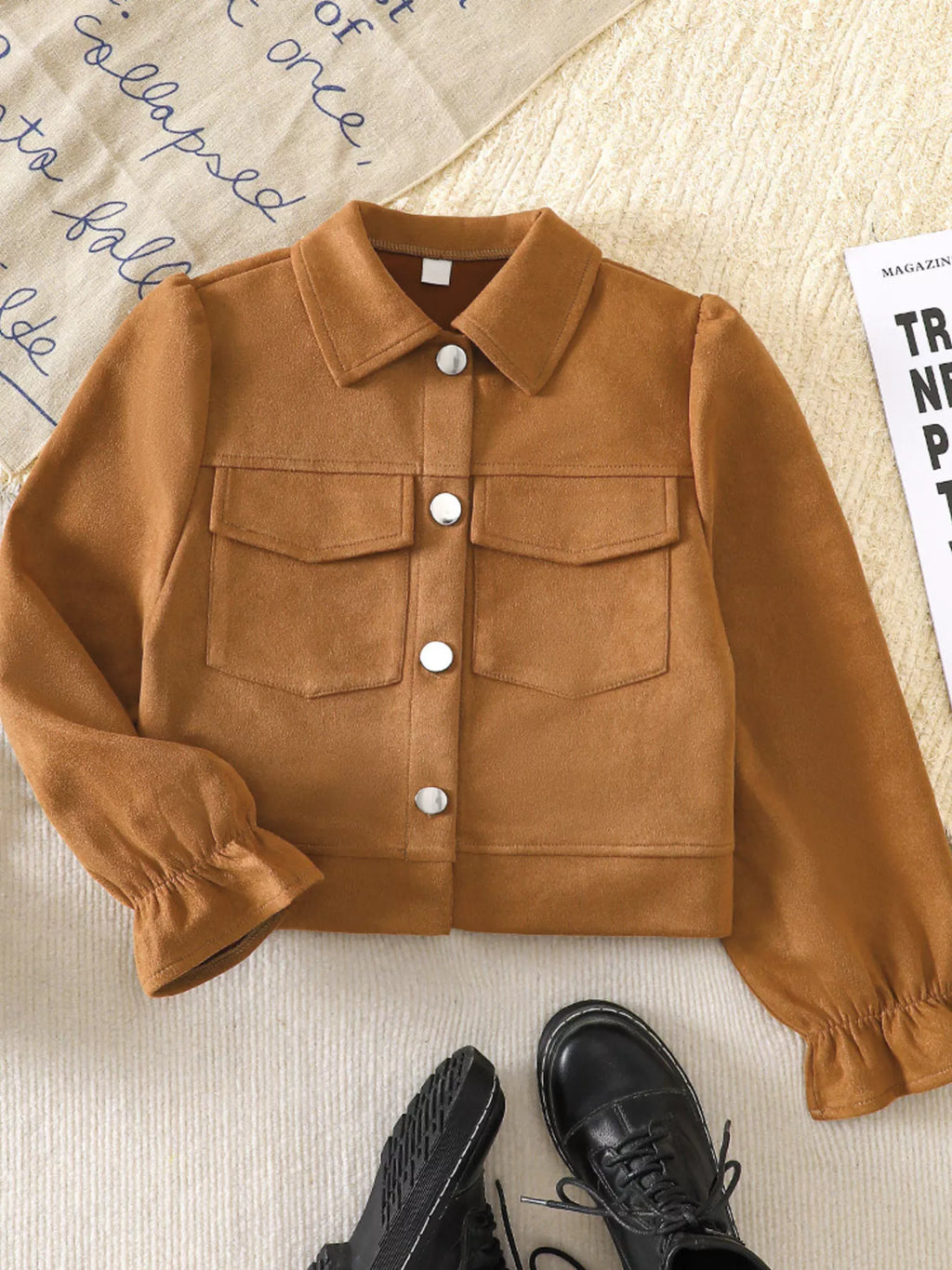 Children's Button Up Flounce Sleeve Outerwear by Trendsi