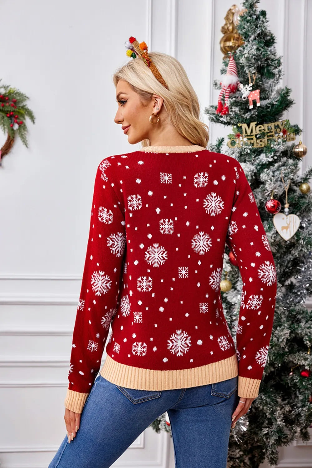 Christmas Pattern Round Neck Long Sleeve Sweater by Trendsi