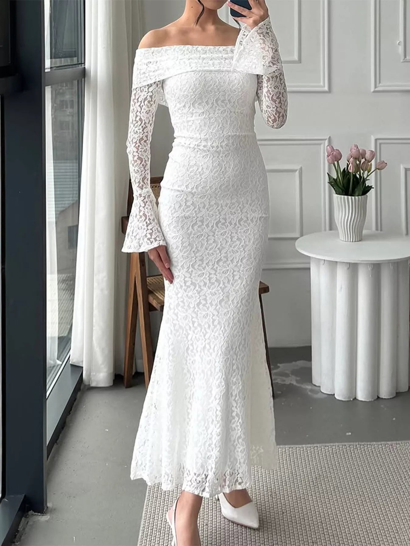 Off-Shoulder Lace Bodycon Maxi Dress by Trendsi