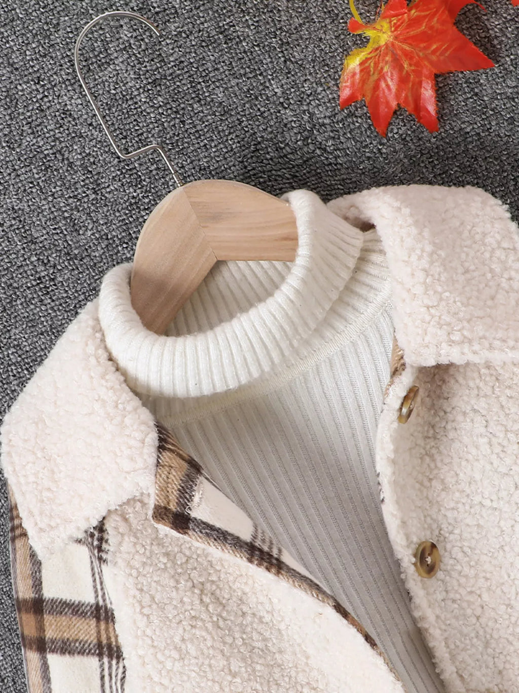 Children's Cozy Plaid Sleeve Fleece Jacket by Trendsi