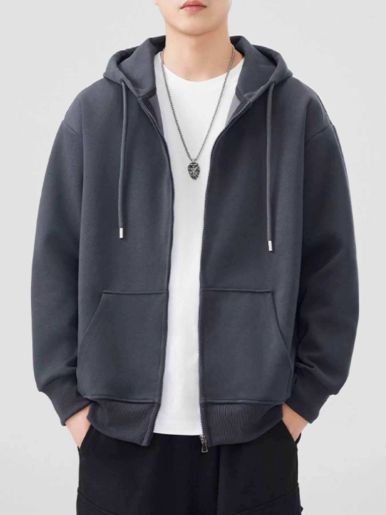 Men's Plus Size Solid Color Zip-Up Hoodie by Trendsi
