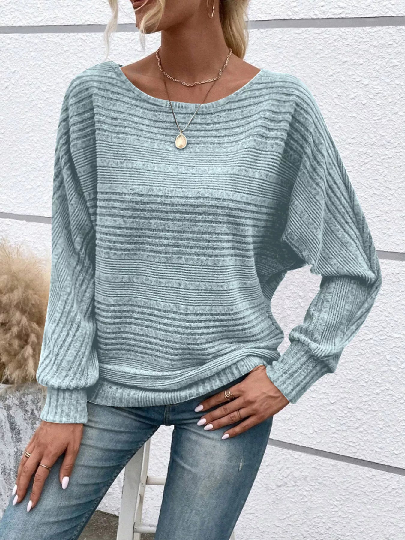 Ribbed Round Neck Long Sleeve Top by Trendsi