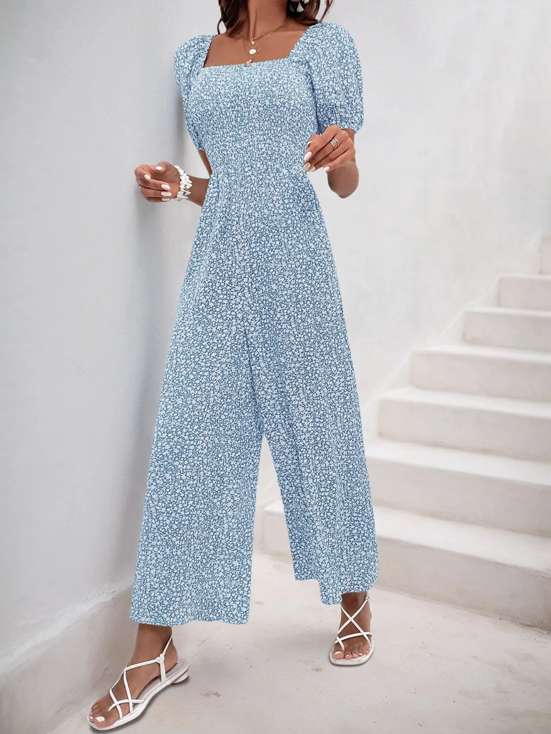 Printed Square Neck Puff Sleeve Jumpsuit by Trendsi