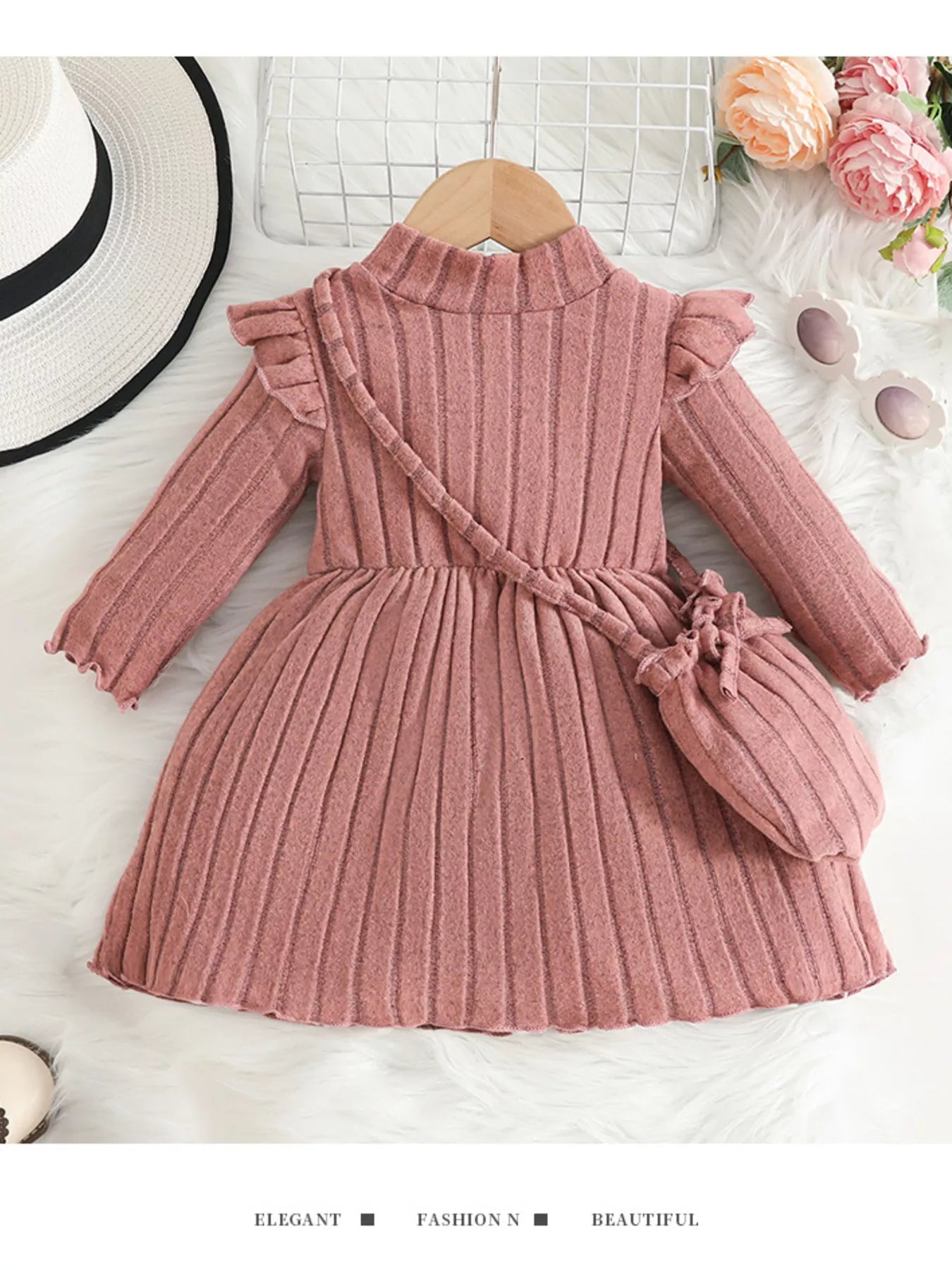 Children's Ribbed Knit Ruffle Trim Dress with Bag by Trendsi