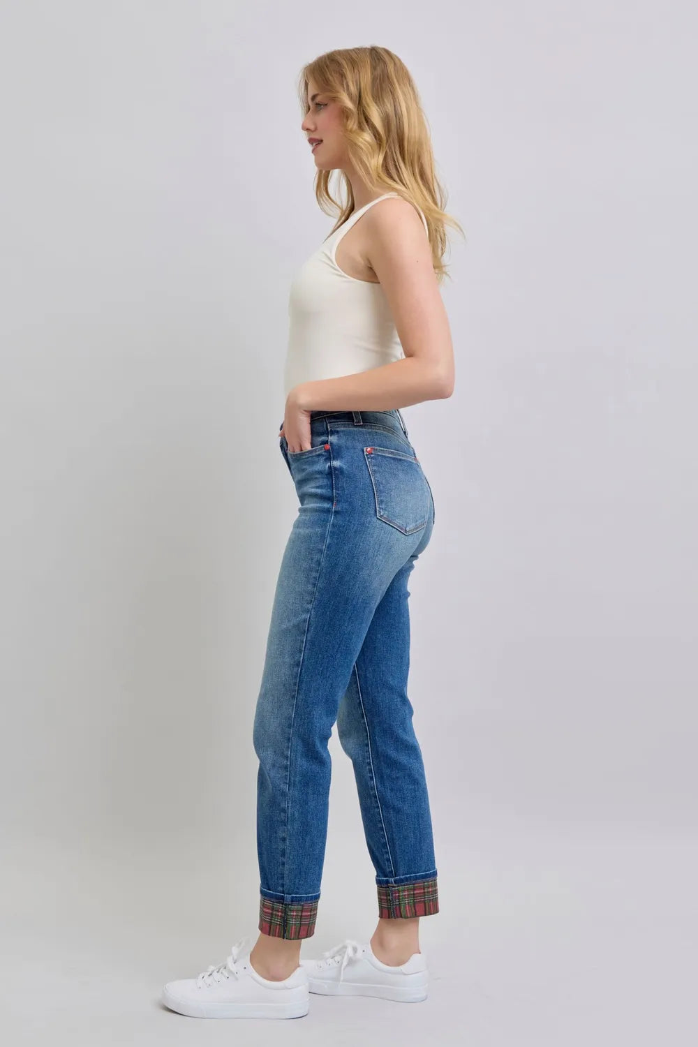 Judy Blue Full Size Plaid Print Cuff Straight Leg Jeans with Pockets by Trendsi