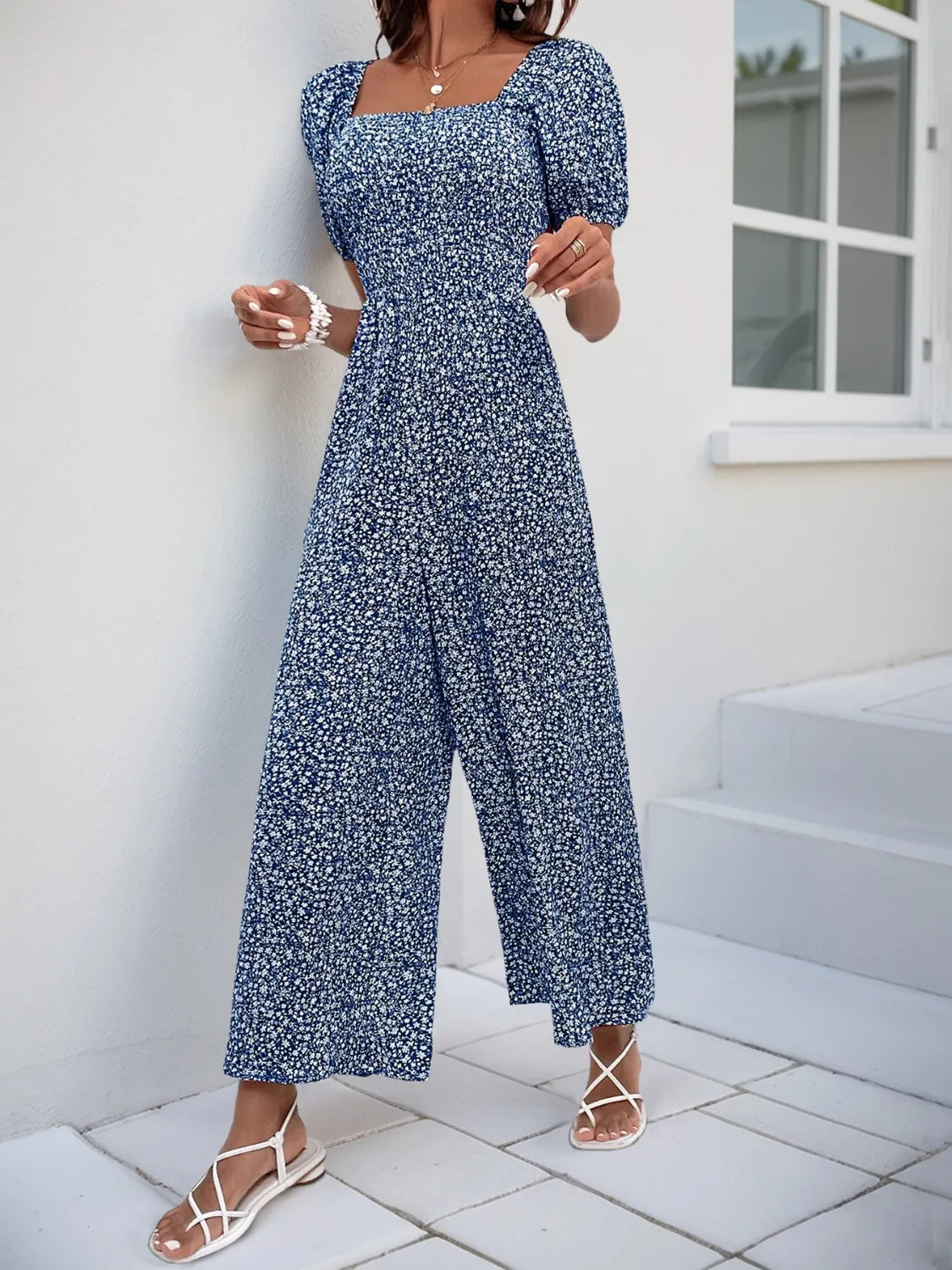 Printed Square Neck Puff Sleeve Jumpsuit by Trendsi