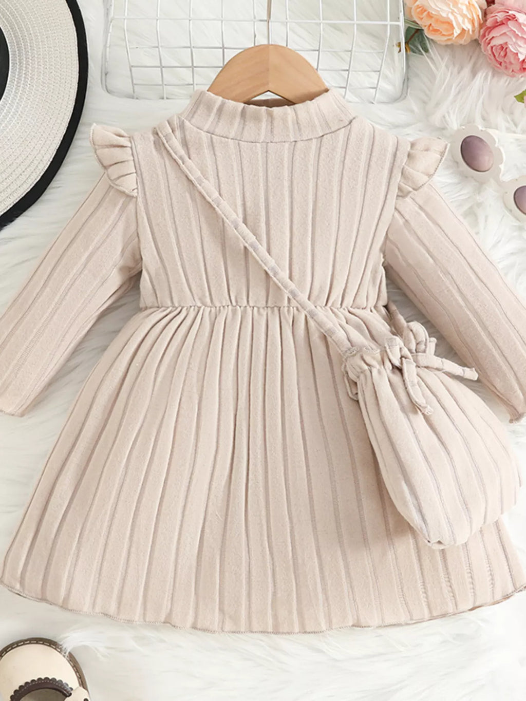 Children's Ribbed Knit Ruffle Trim Dress with Bag by Trendsi