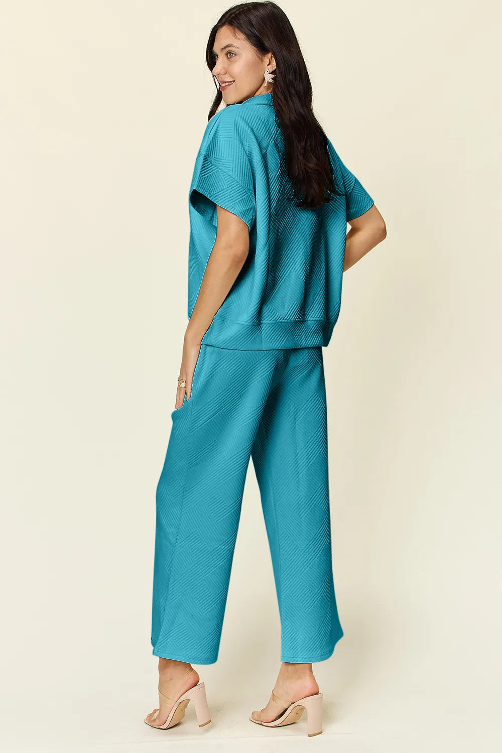 Double Take Full Size Texture Half Zip Short Sleeve Top and Pants Set by Trendsi