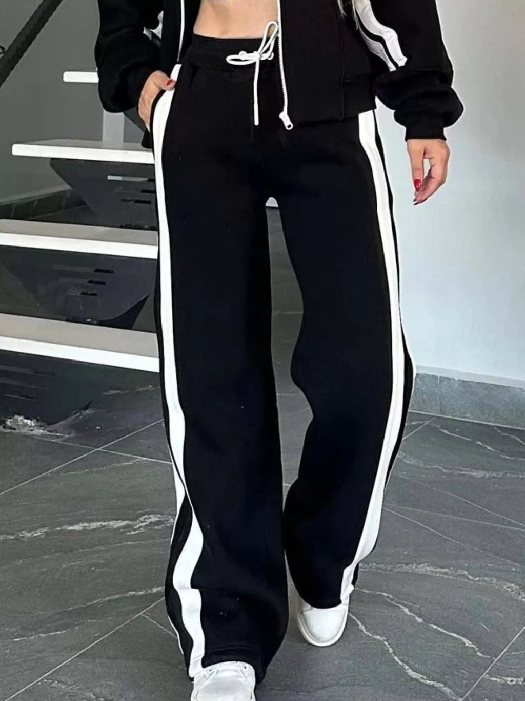 Full Size Contrast Stripe Zip Up Jacket and Pants Set Plus Size by Trendsi