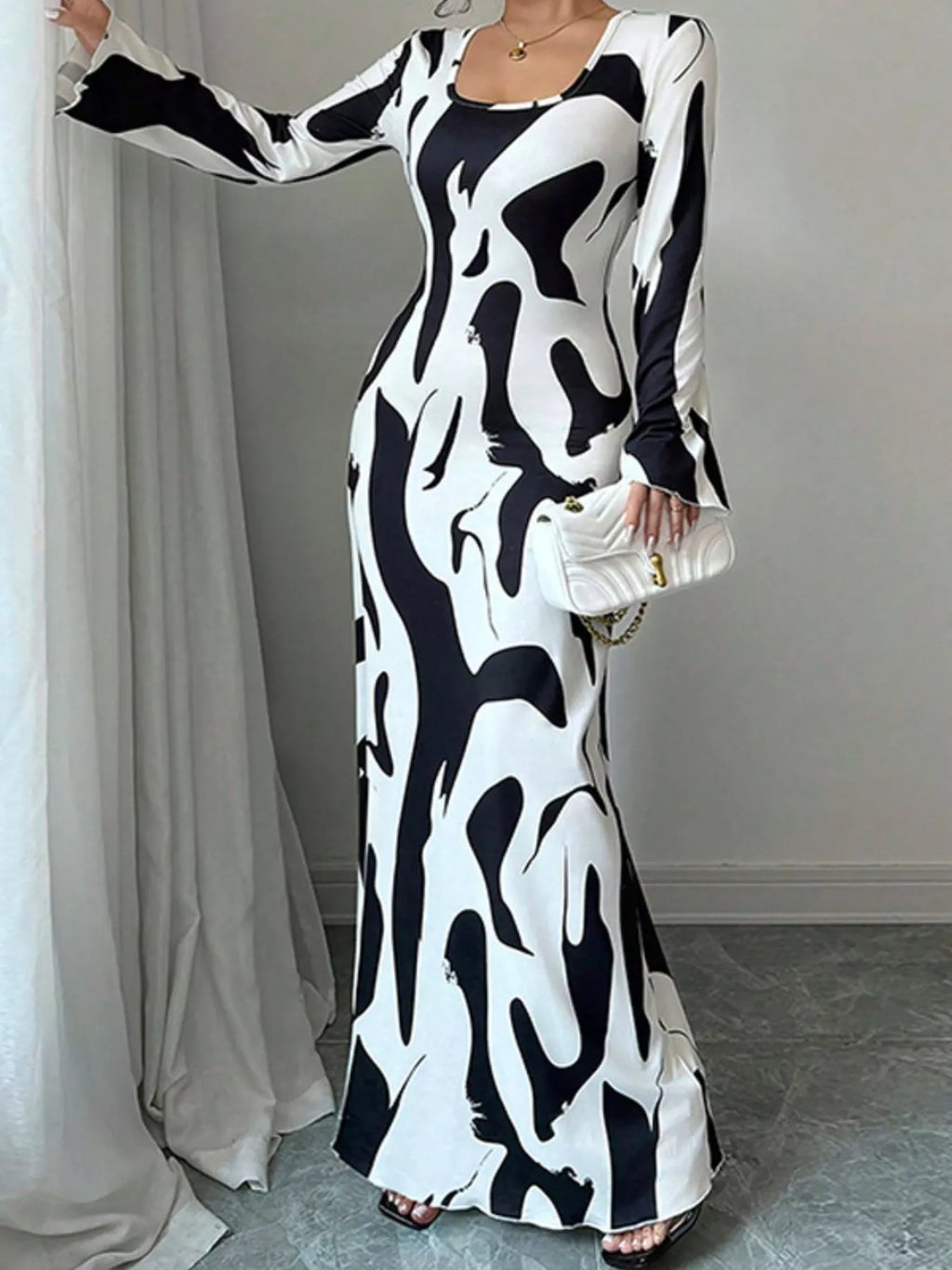 Abstract Print Long Sleeve Maxi Dress by Trendsi