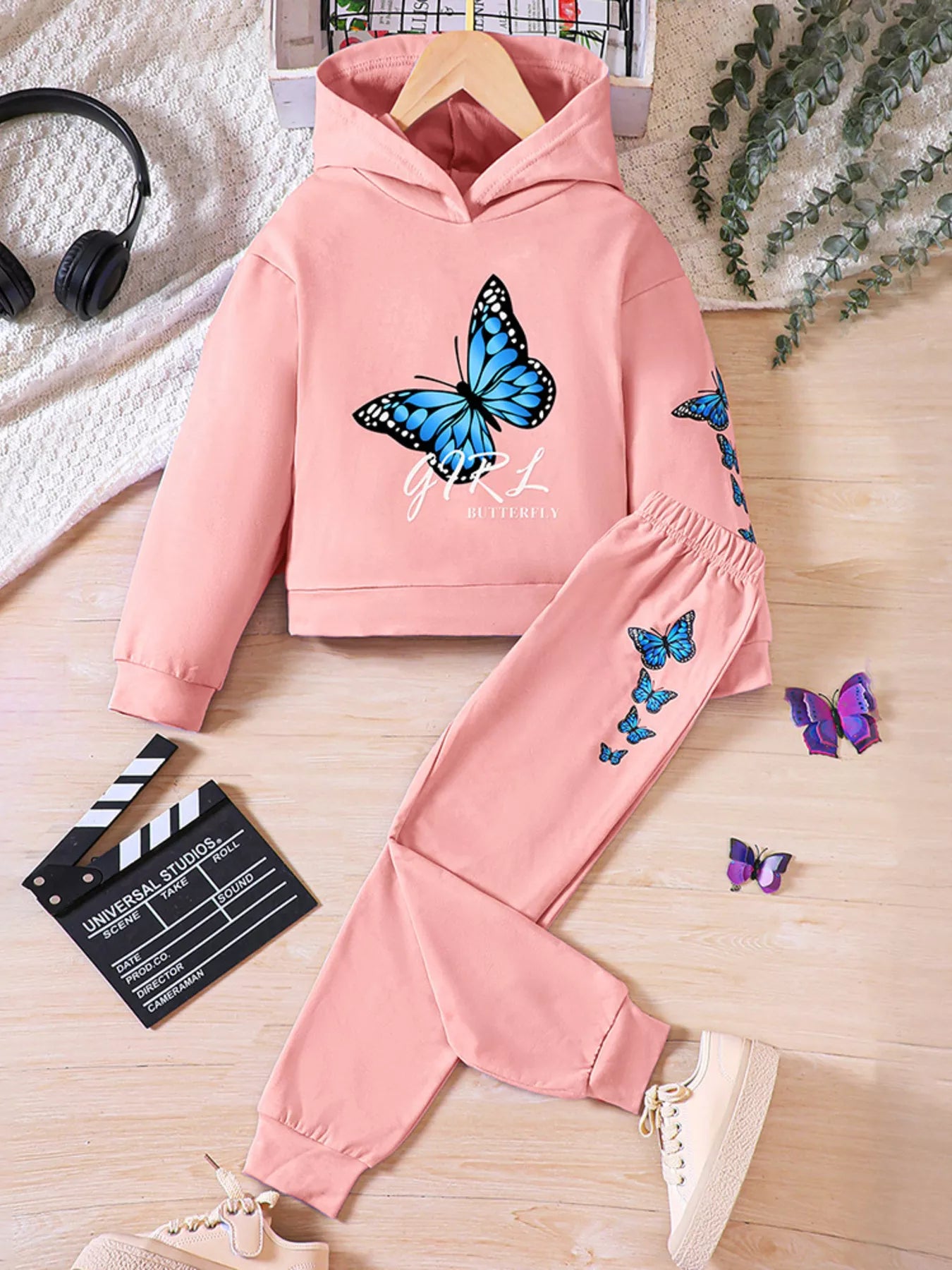 Childrens's Butterfly Print Hoodie & Pants Set by Trendsi