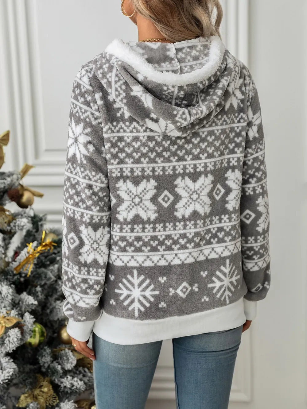 Drawstring Snowflake Zip Up Hooded Outerwear by Trendsi