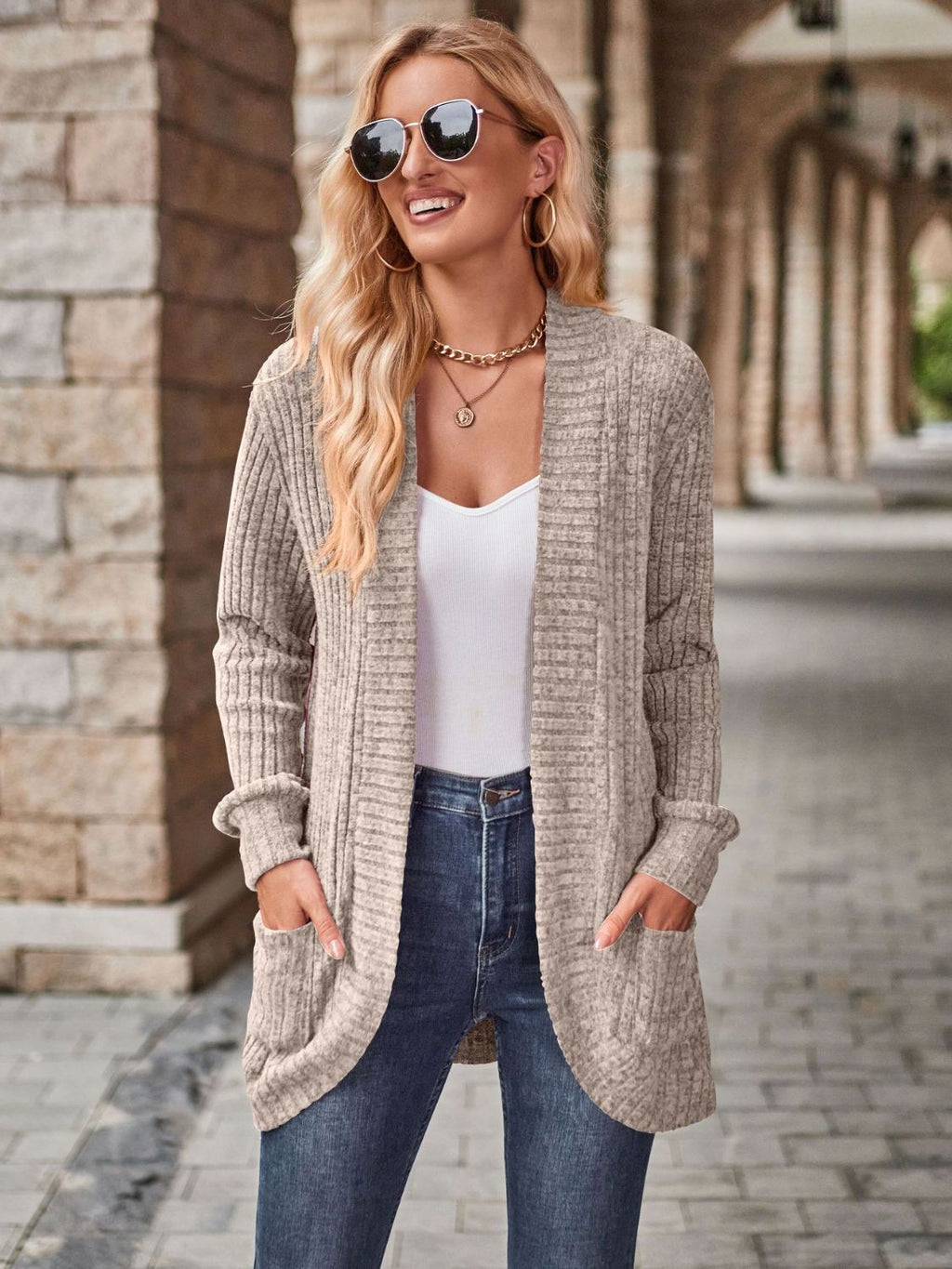 Open Front Cardigan with Pockets by Trendsi