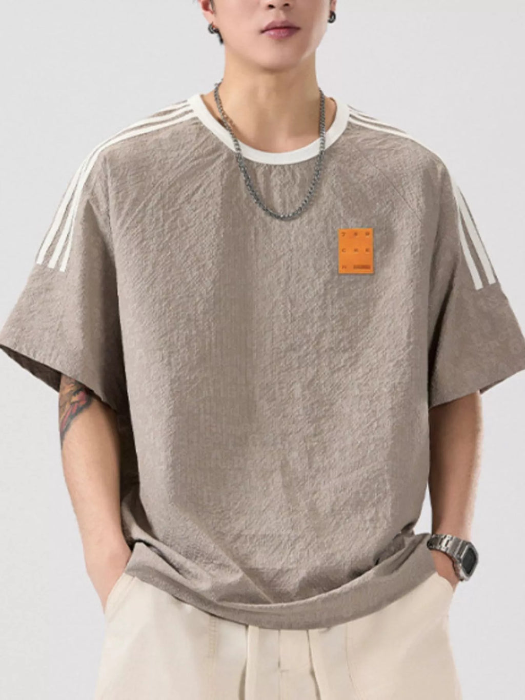 Men's Full Size Striped Shoulder Relaxed Fit T-Shirt Plus Size by Trendsi