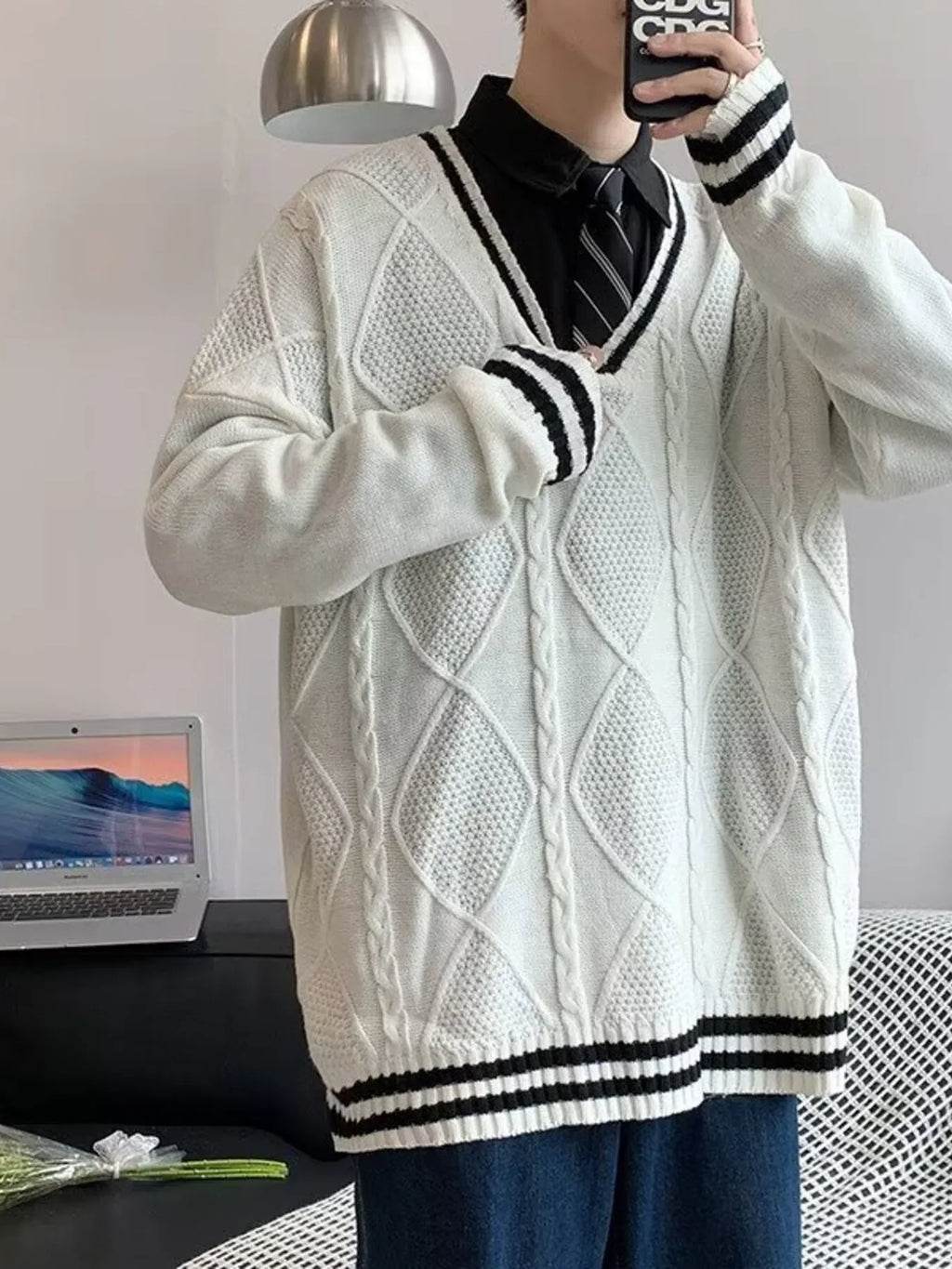 Men's Plus Size V-Neck Striped Trim Knitted Pullover by Trendsi