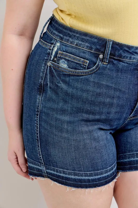 Judy Blue Full Size High Waist Tummy Control Destroy Release Hem Denim Shorts Plus Size by Trendsi