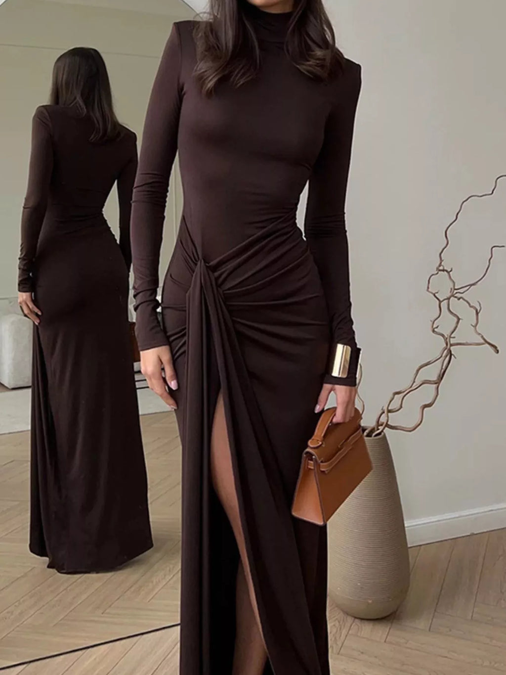 Turtleneck Long Sleeve Slit Maxi Dress by Trendsi