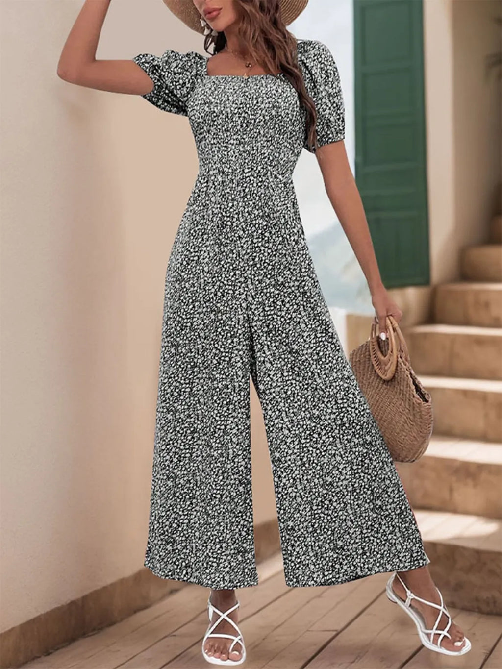 Printed Square Neck Puff Sleeve Jumpsuit by Trendsi