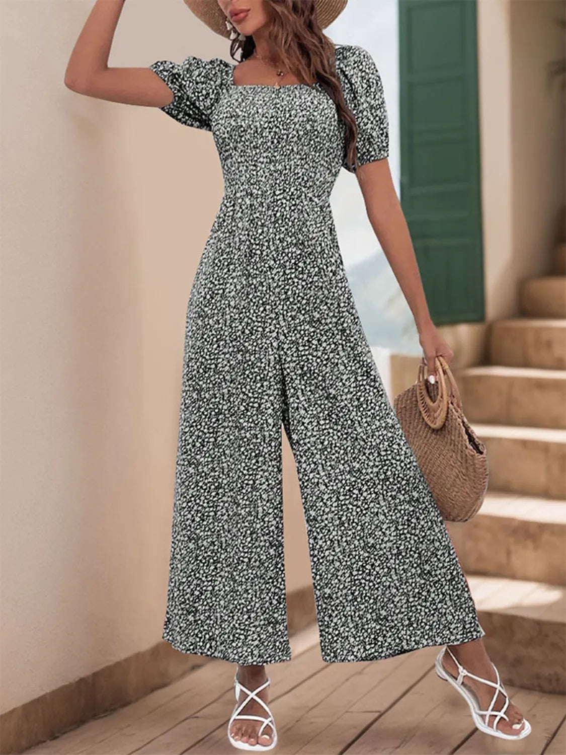 Printed Square Neck Puff Sleeve Jumpsuit by Trendsi