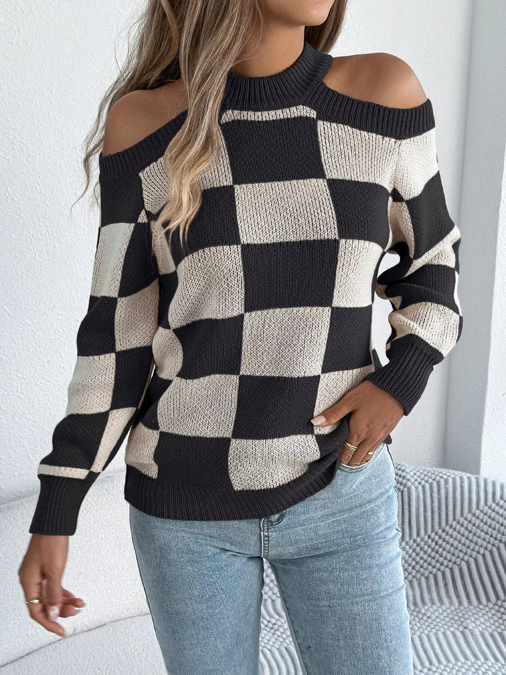 Cold Shoulder Checkered Long Sleeve Sweater by Trendsi