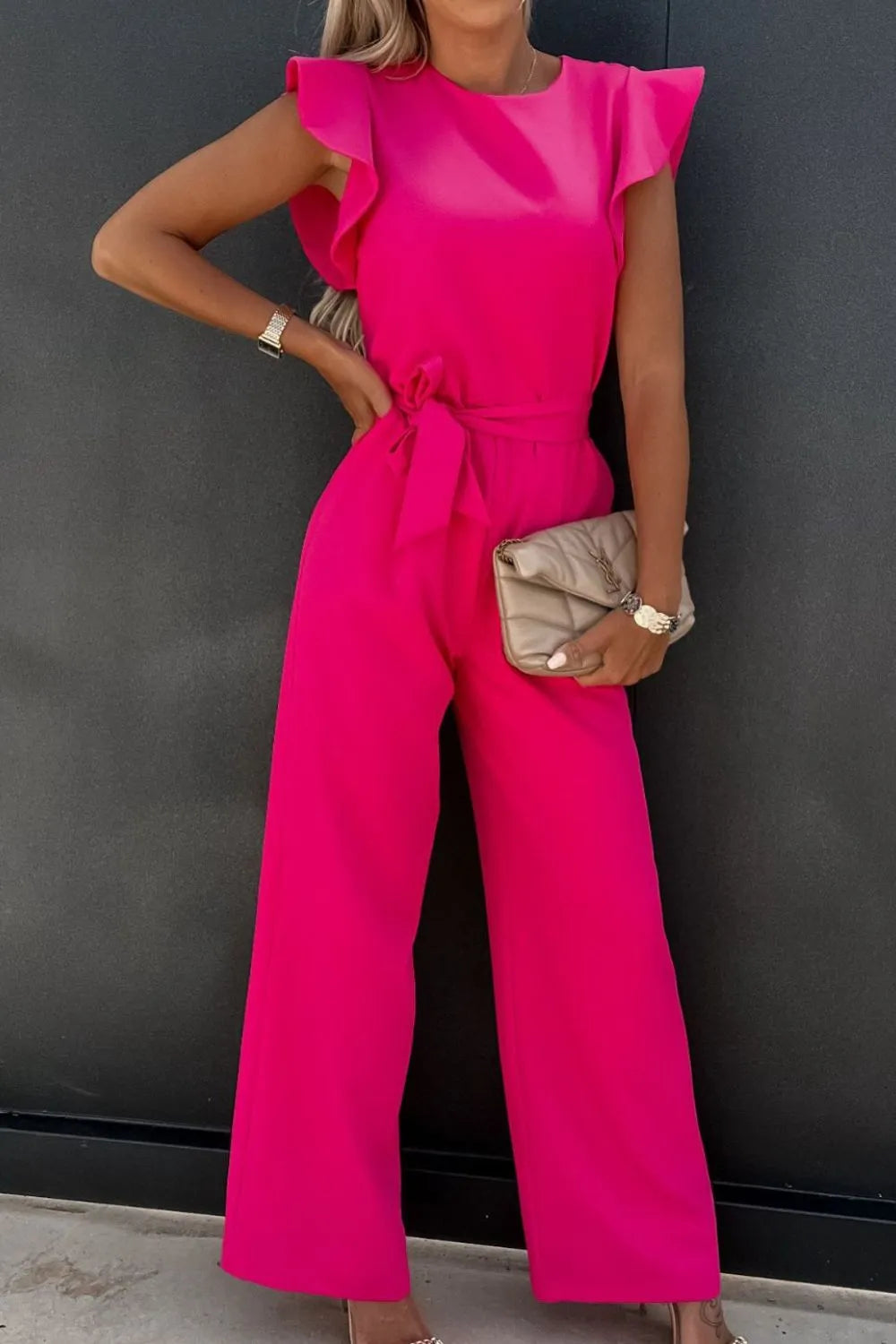 Round Neck Cap Sleeve Jumpsuit by Trendsi